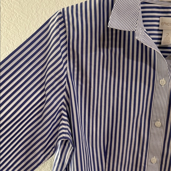 Chico's blue and White Striped Non-Iron Button Down Shirt Size 2 - Picture 3 of 12